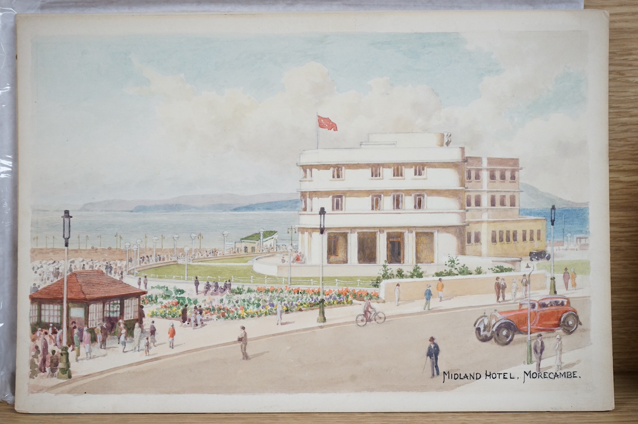 Charles Thomas Howard (1865-1942), a set of four original watercolours for postcard designs, Seaside towns comprising; ‘Swimming Pool, Minehead’, ‘Midland Hotel, Morecambe’, ‘East Cliff Putting Green, Sheringham’ and ‘Th